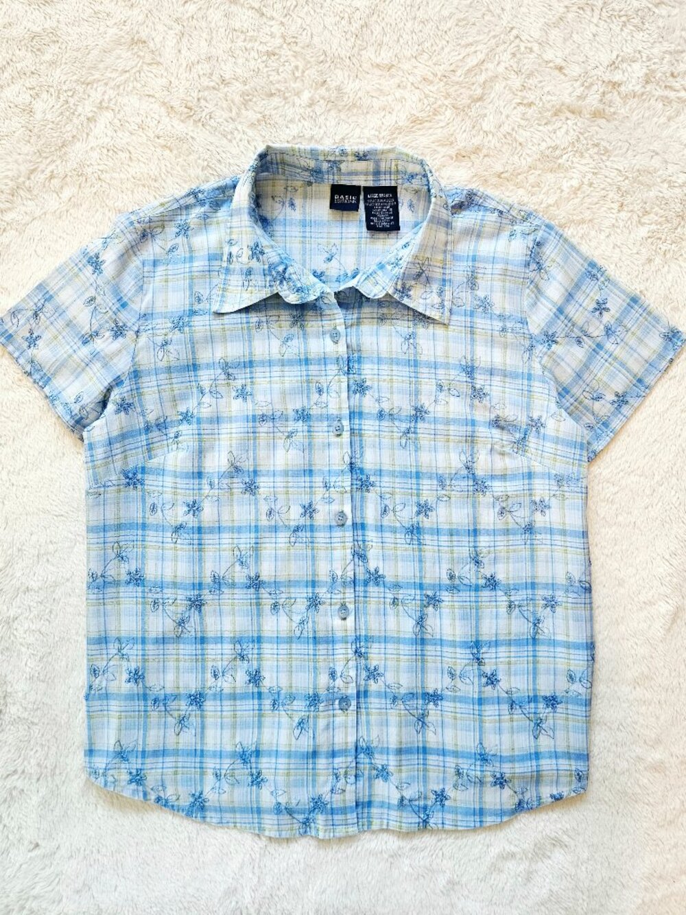 Basic Editions Vtg 90's Women's Shirt Blouse Top Plaid Floral Embroidered Blue L